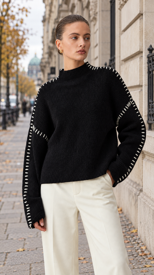Alma – Schwarzer Oversizepullover, Lifestyle in Berlin