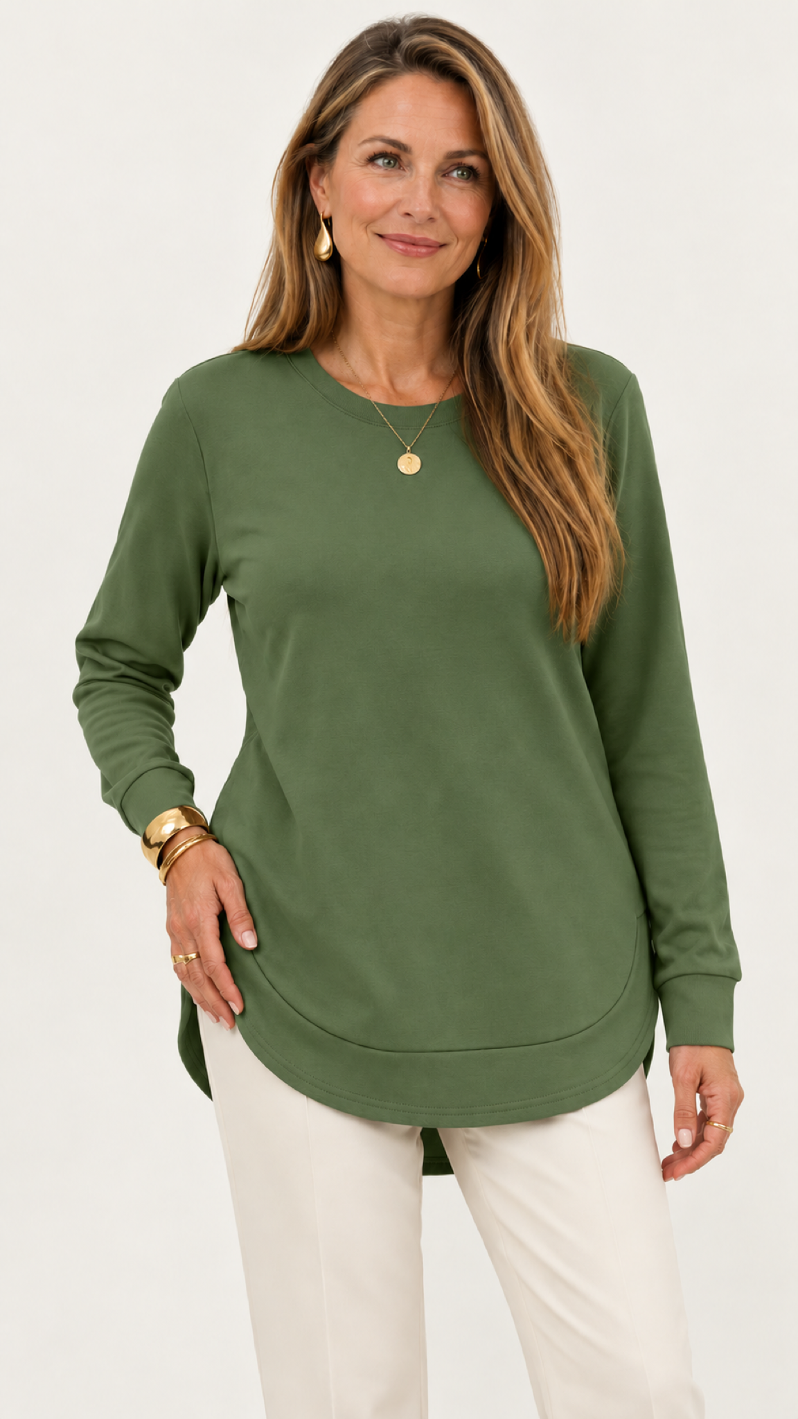 Sweatshirt mit geschwungenem Saum – Dunkelgrün – Vorderansicht