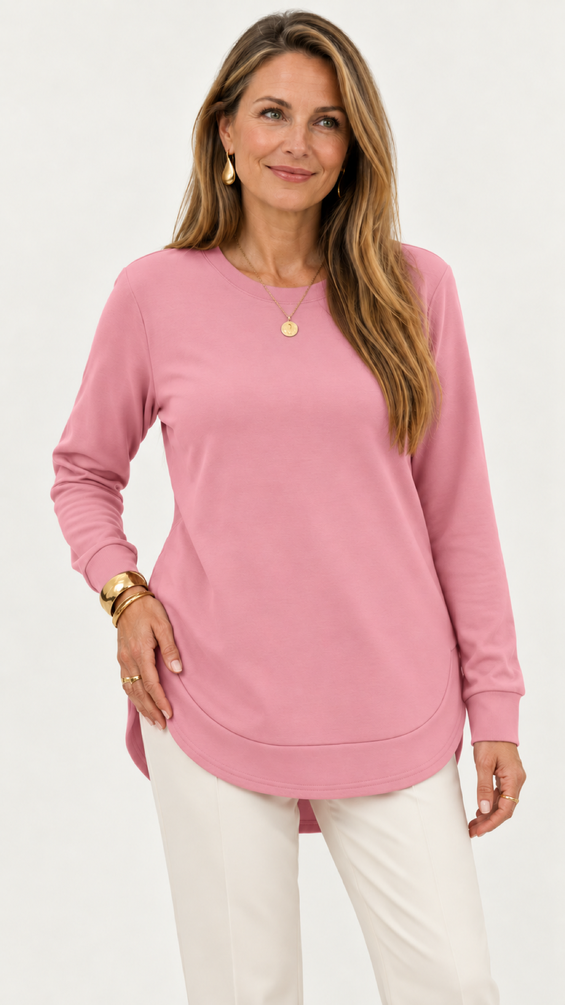 Sweatshirt mit geschwungenem Saum – Rosa – Vorderansicht