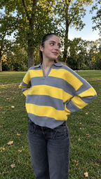 Marit – Gestreifter Strickpullover, Grau/Gelb