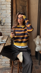 Marit – Gestreifter Strickpullover, Dunkelblau/Gelb